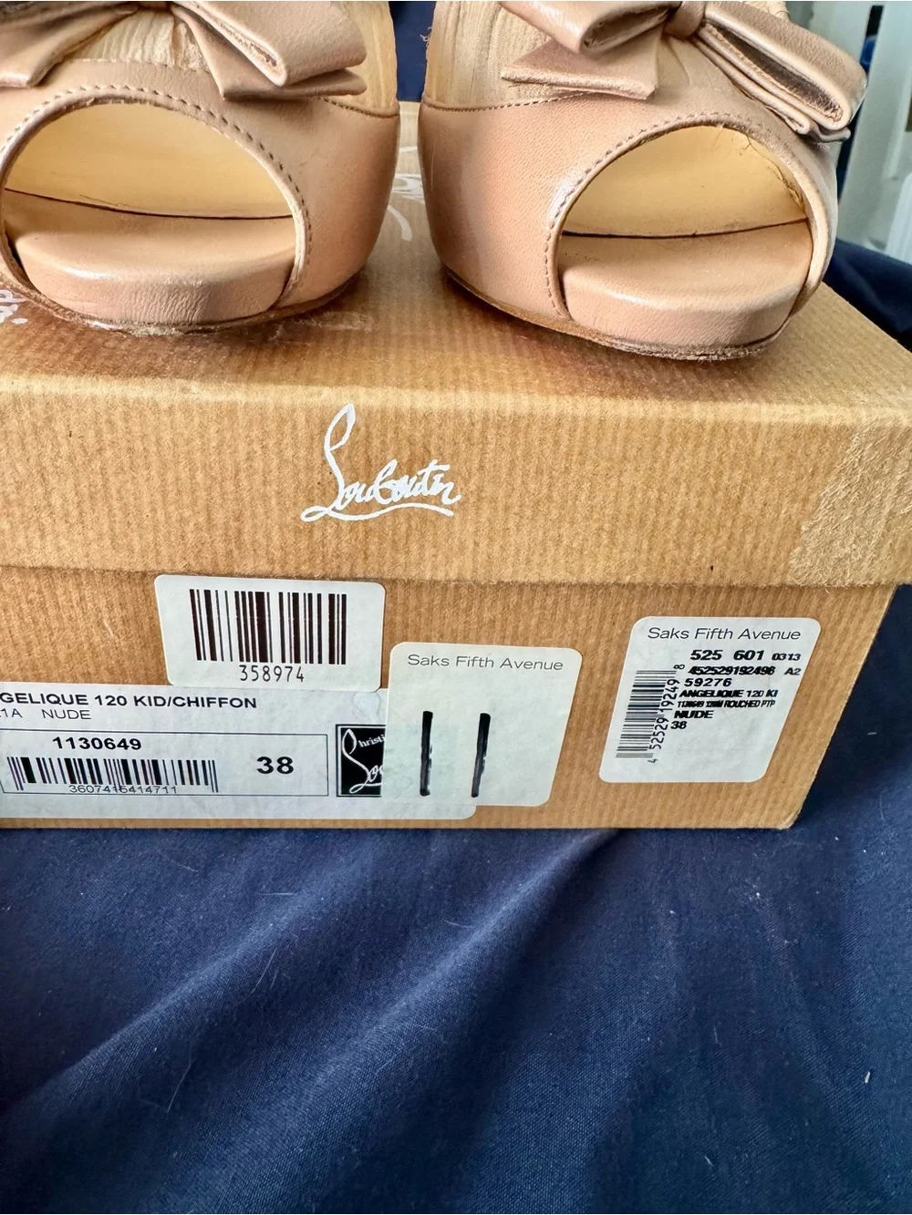 Christian Louboutin Angelique Nude chiffon Peep-Toe Stiletto with Red Sole
